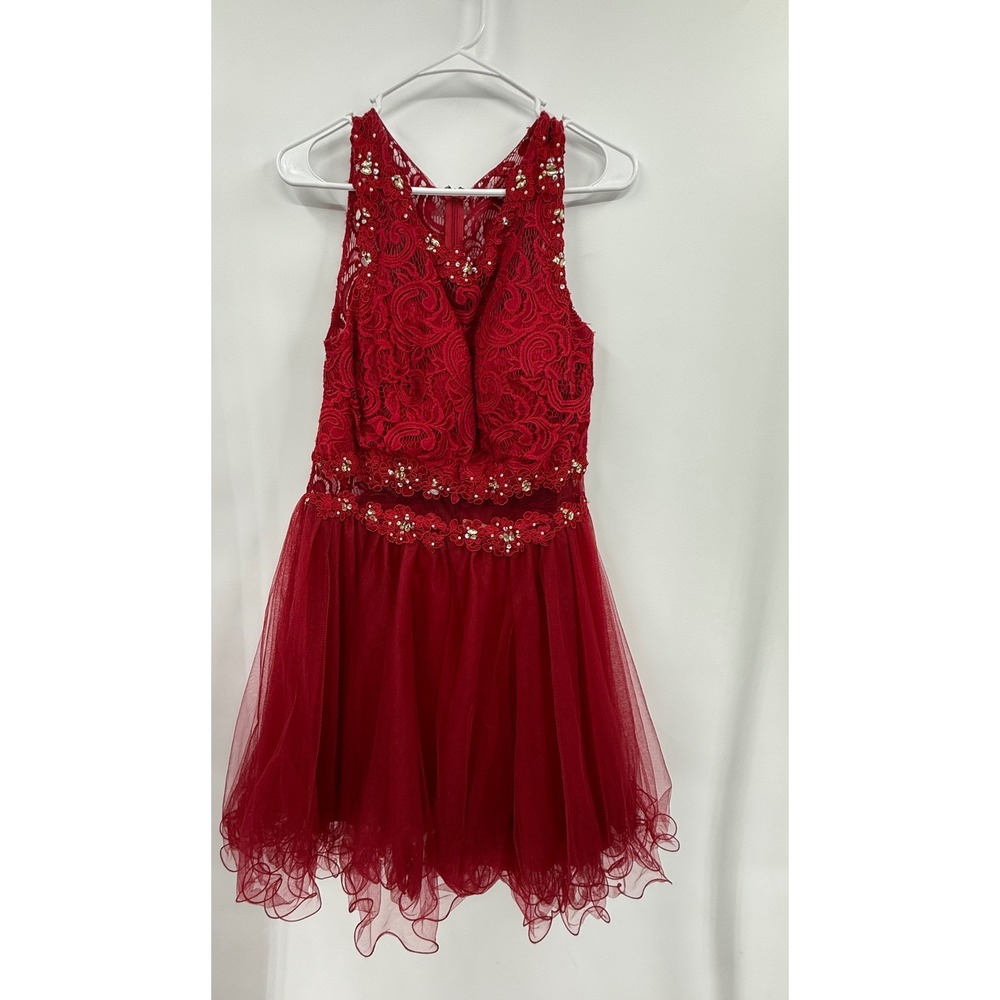 May Queen 14 Cocktail Dress W burgundy red Lace Tulle Rhinestone Fit & Flare